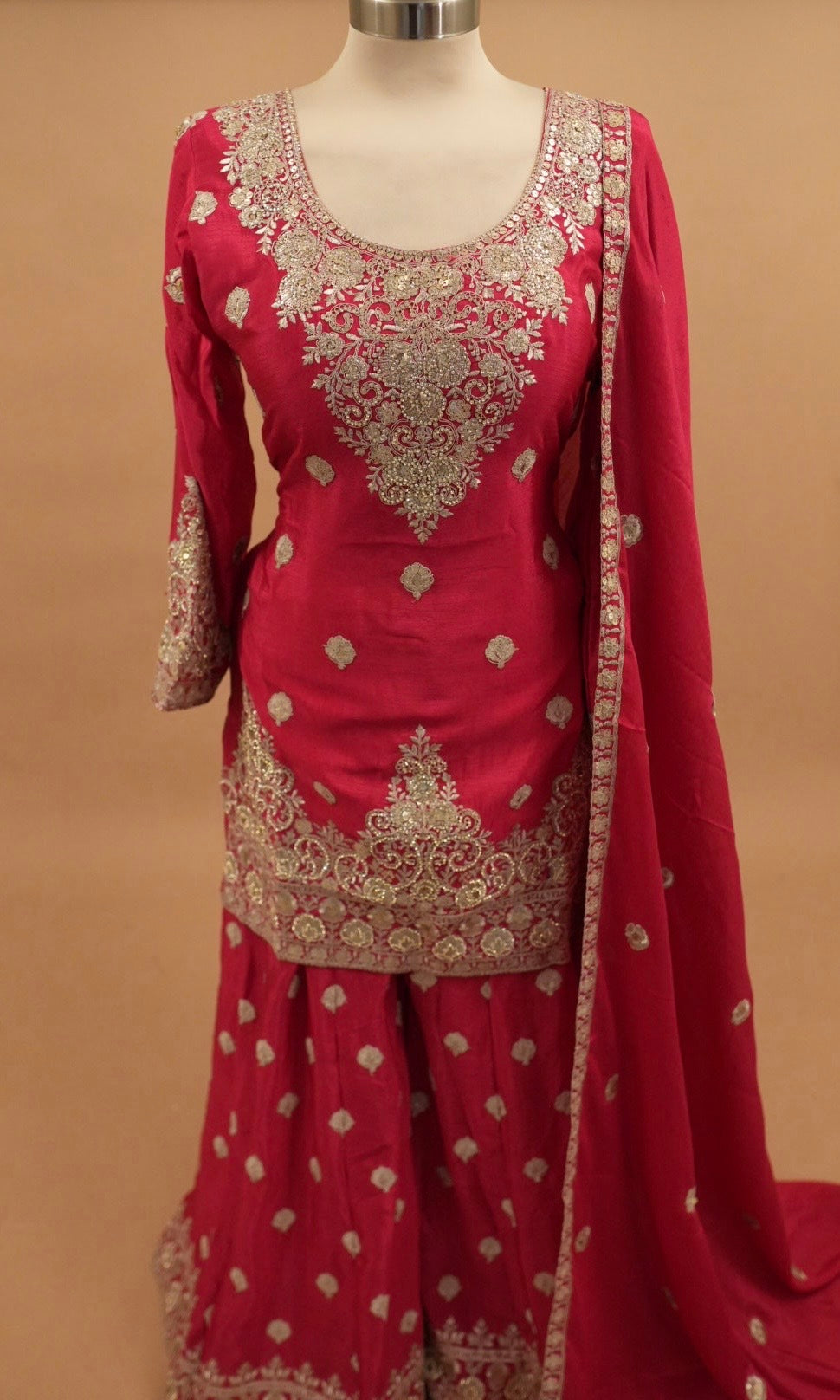 Chinon Fabric Pinkish Red Color Party Wear Palazzo Suit With Dupatta