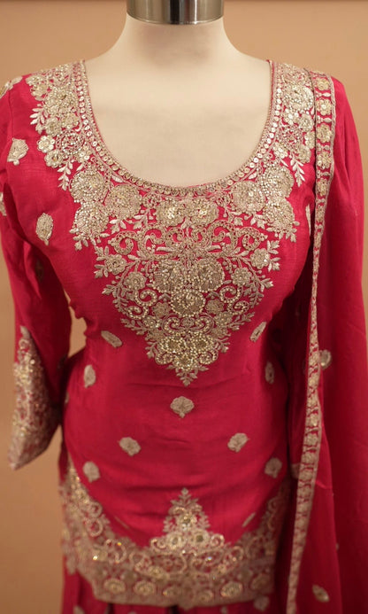 Chinon Fabric Pinkish Red Color Party Wear Palazzo Suit With Dupatta