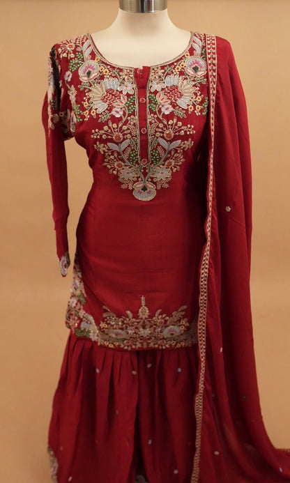 Chinon Fabric Party Wear Red Color Sharara Suit With Dupatta
