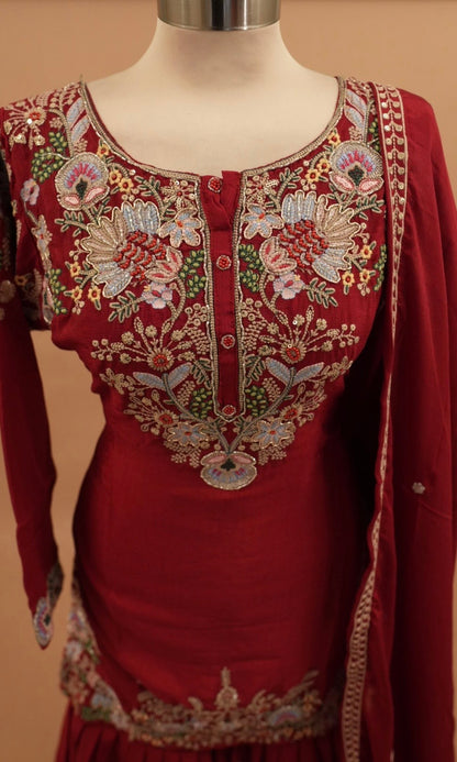 Chinon Fabric Party Wear Red Color Sharara Suit With Dupatta