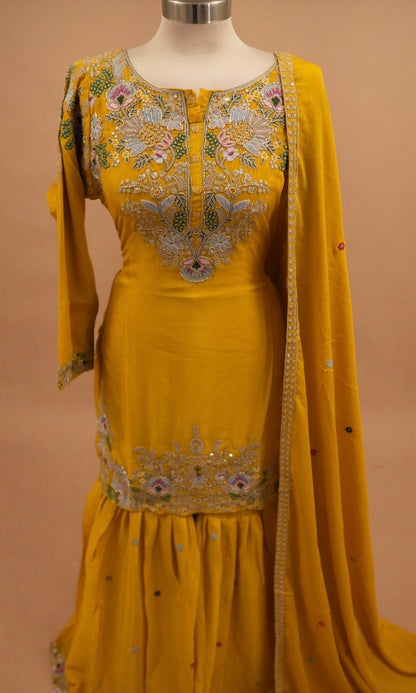 Yellow Color Chinon Fabric Party Wear Sharara Suit With Dupatta