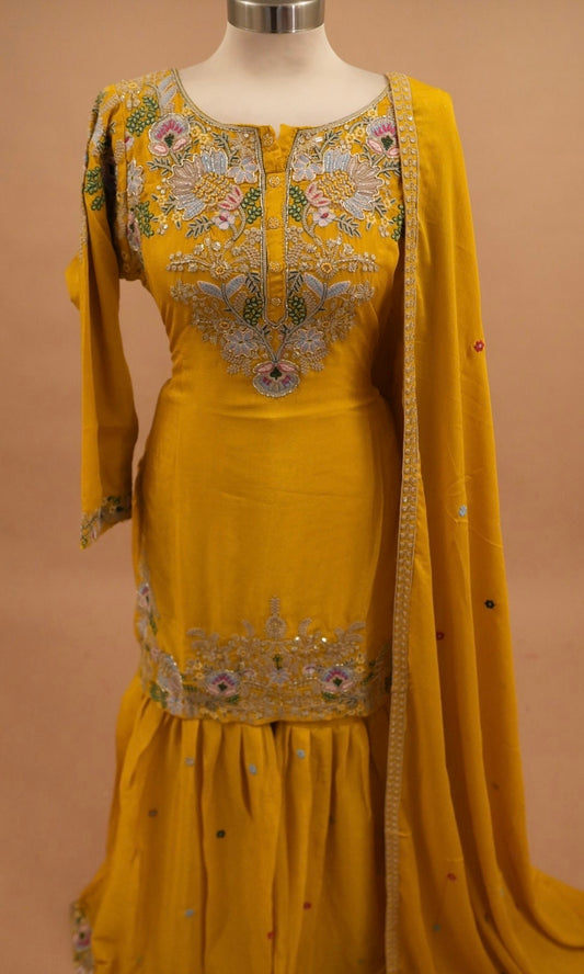 Yellow Color Chinon Fabric Party Wear Sharara Suit With Dupatta