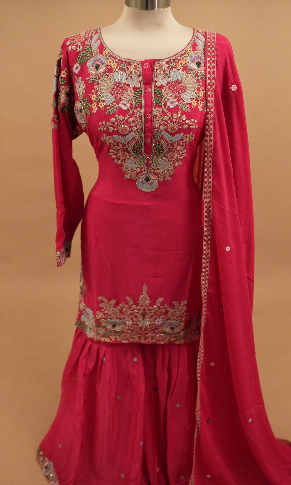 Chinon Fabric Magenta Color Party Wear Sharara Suit With Dupatta