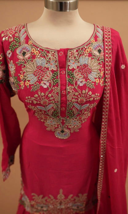 Chinon Fabric Magenta Color Party Wear Sharara Suit With Dupatta