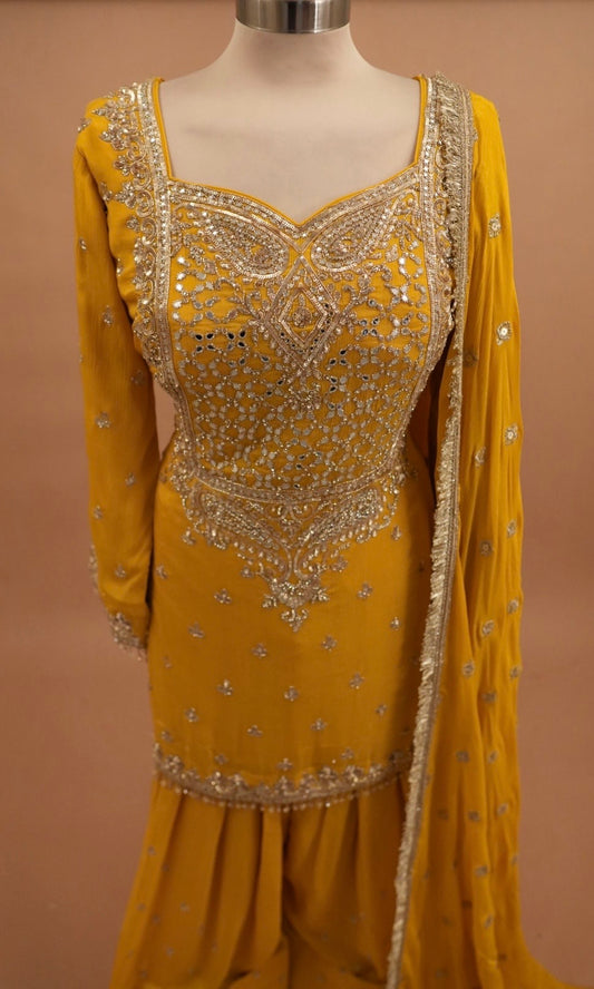 Silk Fabric Hand Work Embroiderey Yellow Color Farshi Salwar Suit With Dupatta