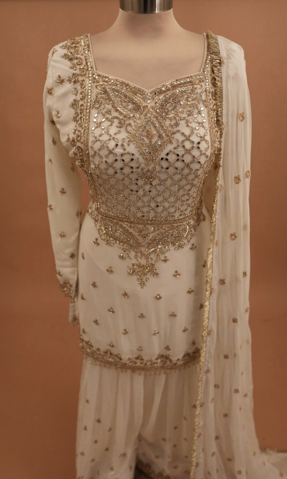 White Color Silk Fabric Hand Work Embroiderey Farshi Salwar Suit With Dupatta