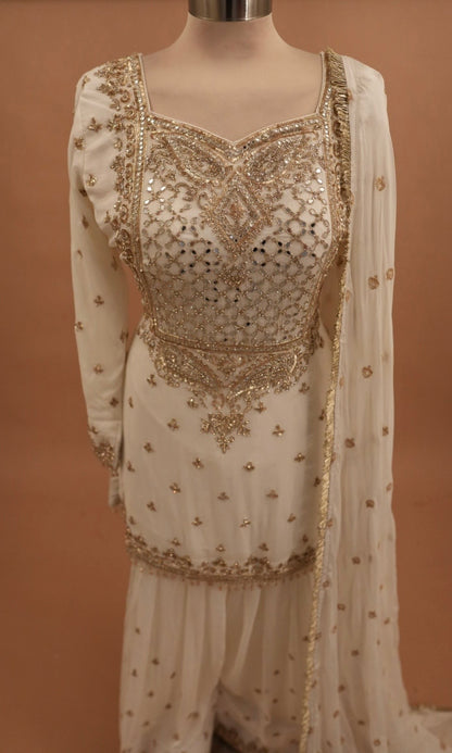 White Color Silk Fabric Hand Work Embroiderey Farshi Salwar Suit With Dupatta