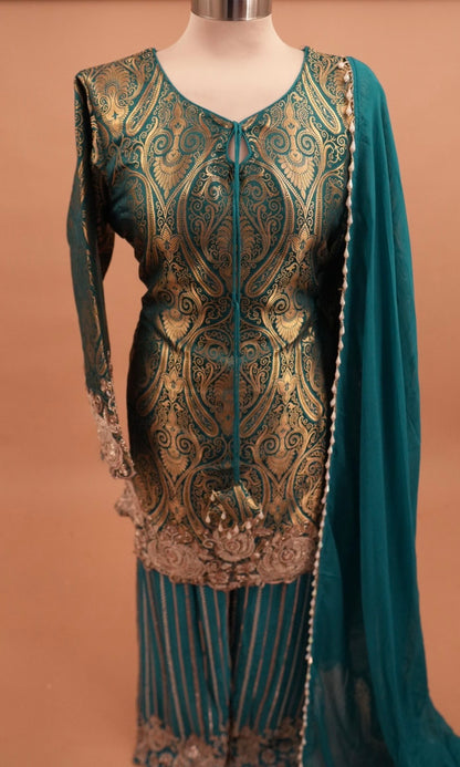 Elegant Style Teal Blue Color Party Wear Farshi Pant Suit With Dupatta