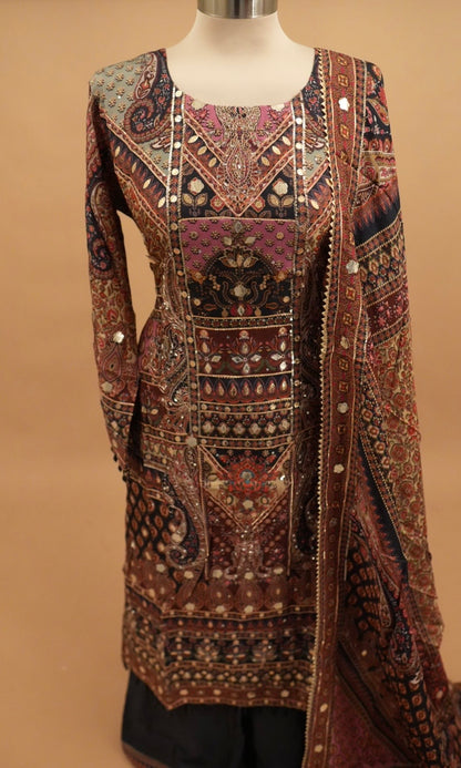 Black Multicolor Long Kameez Party Wear Palazzo Suit With Dupatta