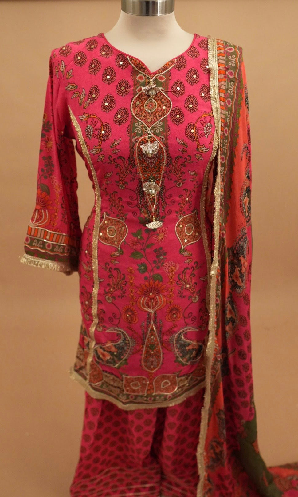 Magenta Multicolor Party Wear Farshi Salwar Suit Short Kameez With Dupatta