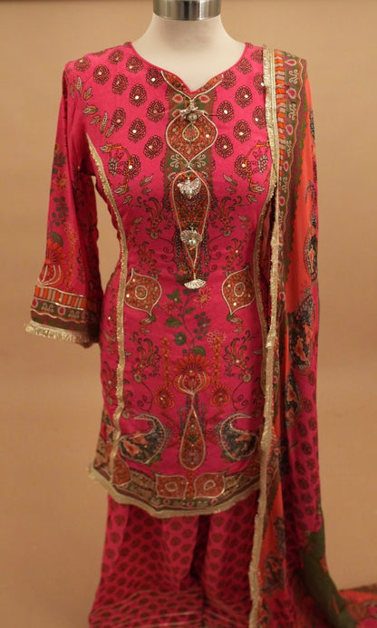 Magenta Multicolor Party Wear Farshi Salwar Suit Short Kameez With Dupatta