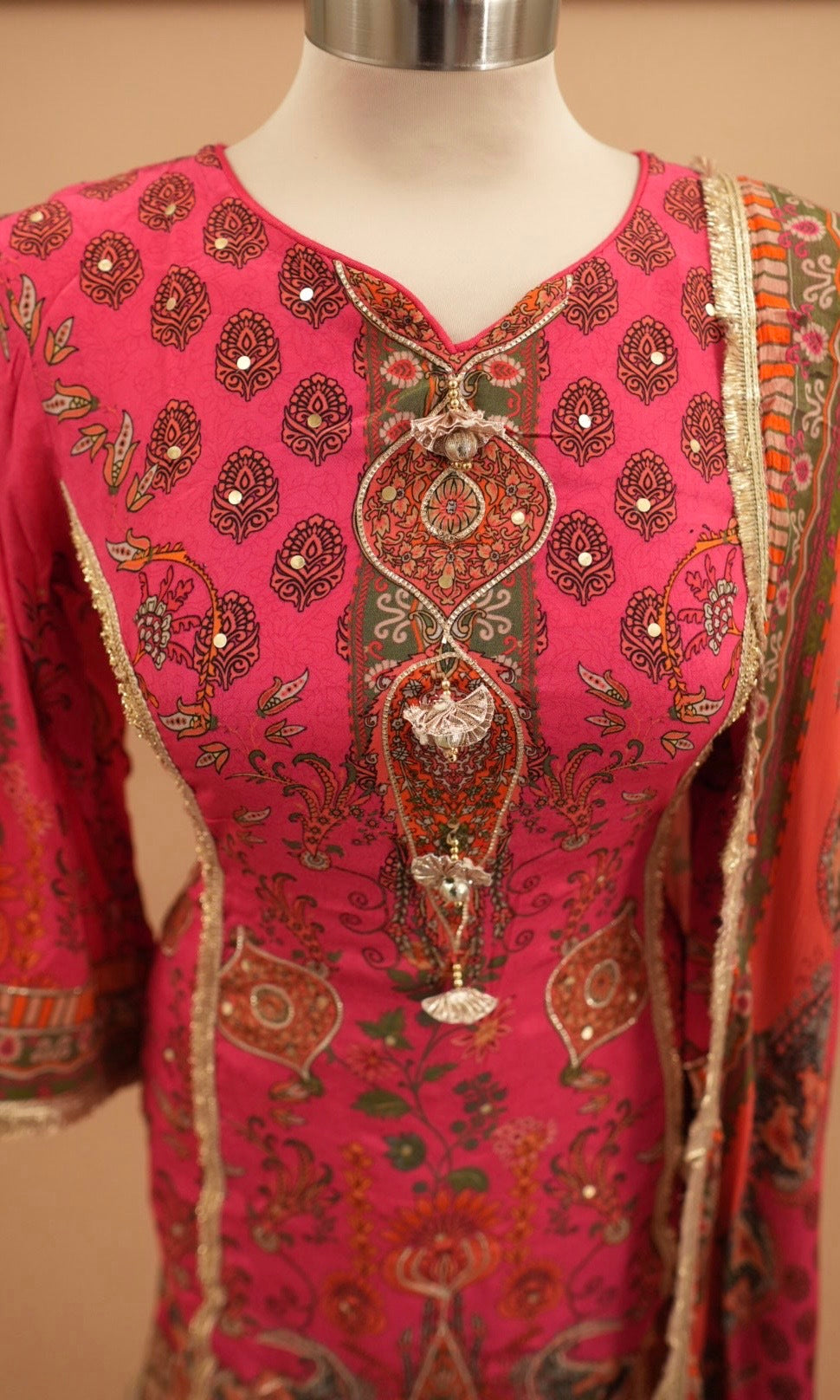 Magenta Multicolor Party Wear Farshi Salwar Suit Short Kameez With Dupatta