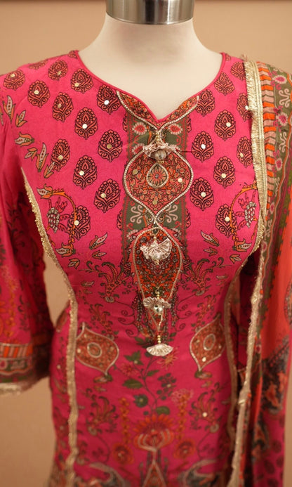 Magenta Multicolor Party Wear Farshi Salwar Suit Short Kameez With Dupatta