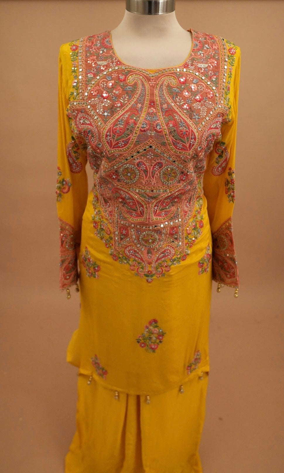 Kashmiri Style Hand Work Embroiderey Yellow Color Designer Palazzo Suit With Dupatta
