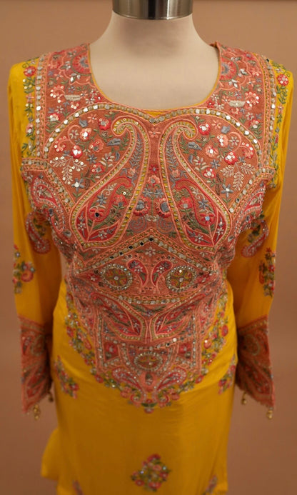 Kashmiri Style Hand Work Embroiderey Yellow Color Designer Palazzo Suit With Dupatta