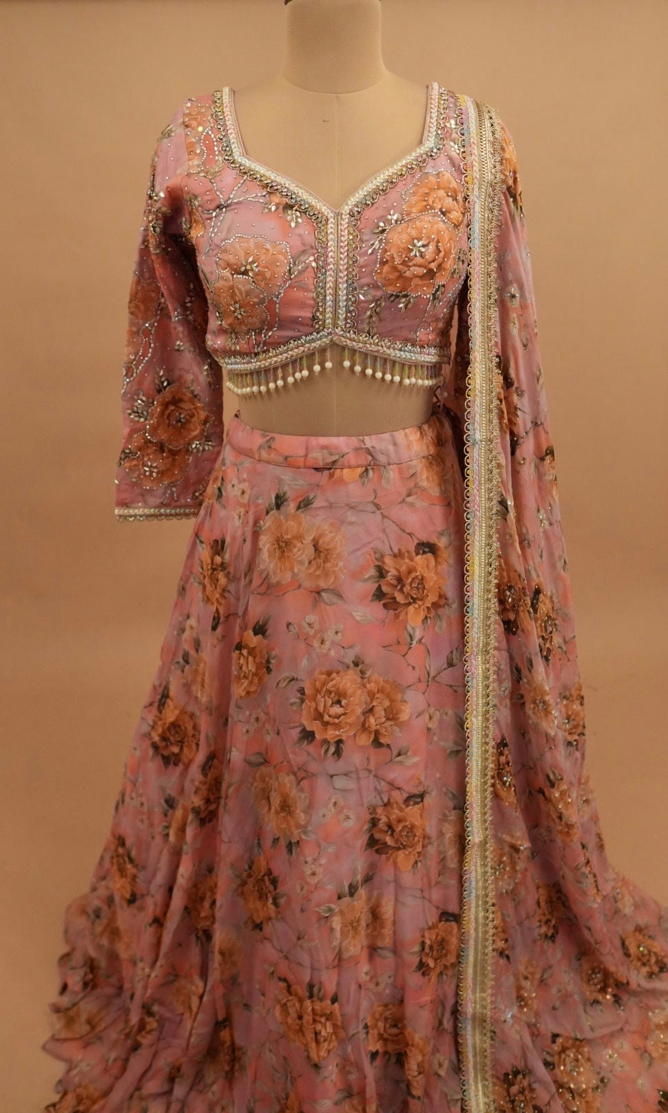 Pink Multicolor Organza Fabric Party Wear Lehenga Choli Set With Dupatta