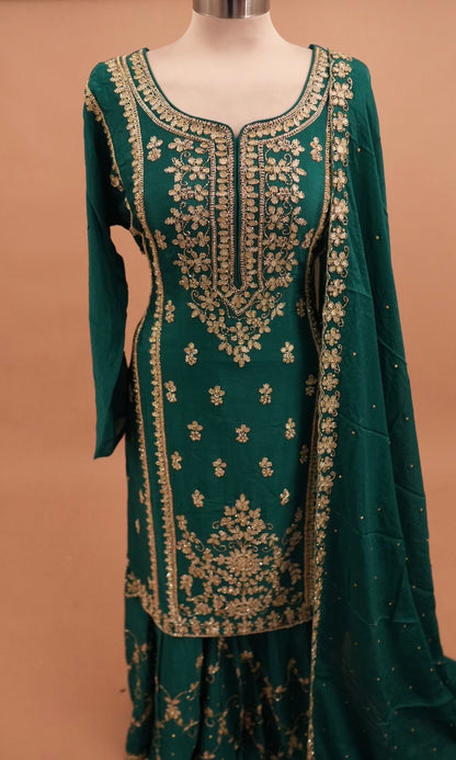 Beads Work Embroiderey Sharara Suit Teal Green Color
