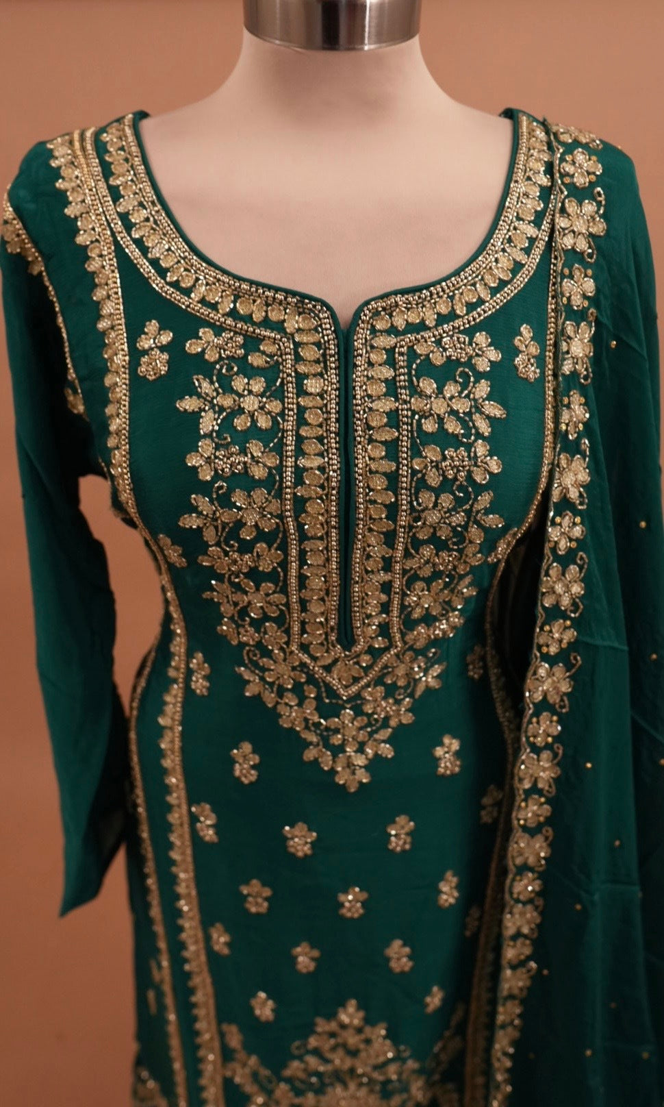 Beads Work Embroiderey Sharara Suit Teal Green Color