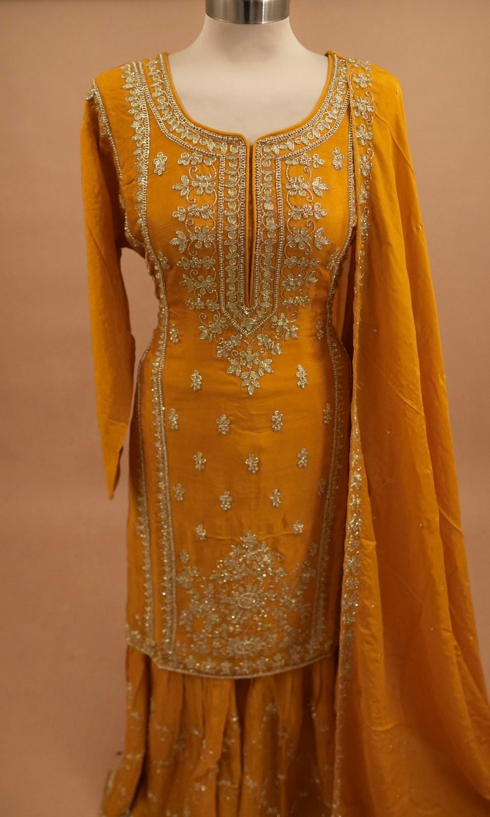 Beads Work Embroiderey Sharara Suit Yellow Color