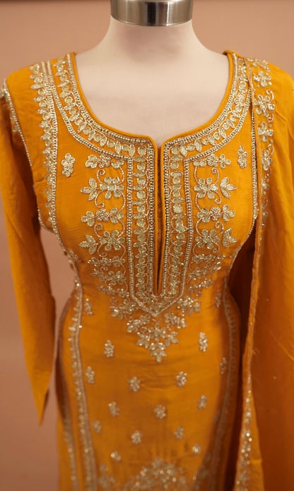 Beads Work Embroiderey Sharara Suit Yellow Color