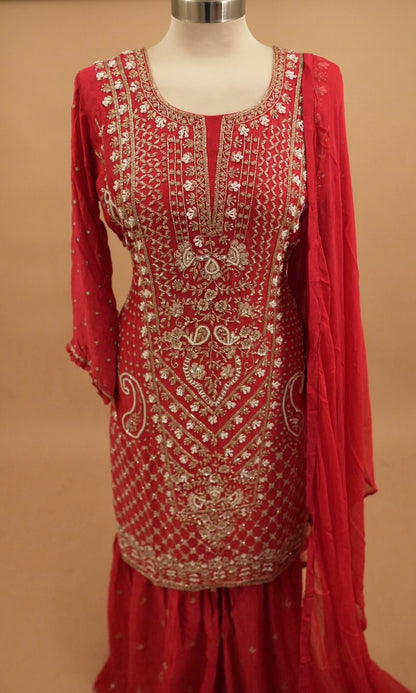 Beads Work Embroiderey Pinkish Red Color Party Wear Sharara Suit
