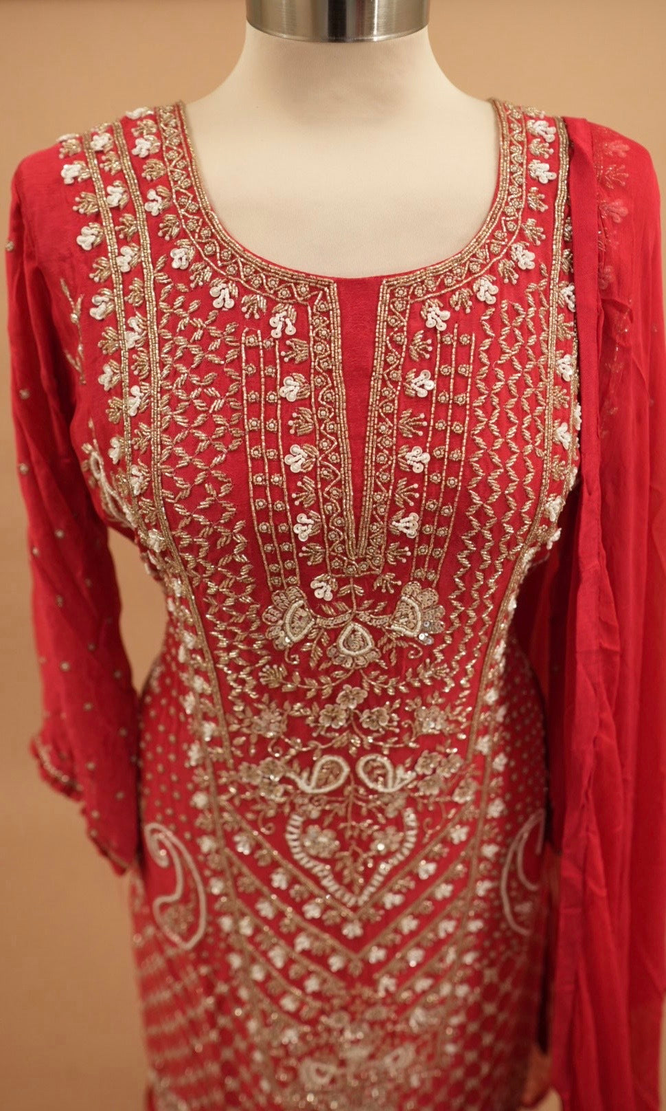 Beads Work Embroiderey Pinkish Red Color Party Wear Sharara Suit