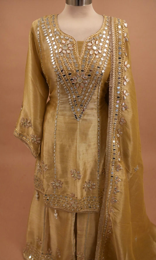 Light Golden Yellow Color Silk Fabric A Line Anarkali Palazzo Suit
