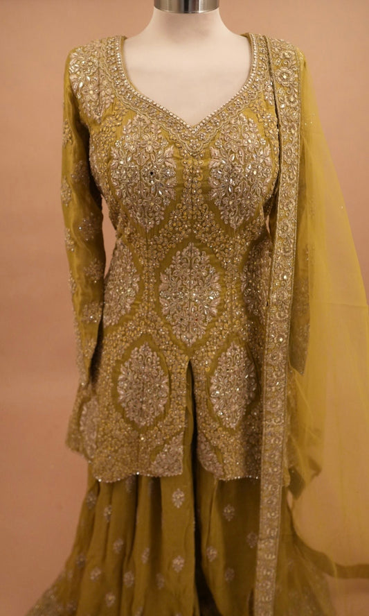 Mehndi Green Color Shimmer Fabric Indo Style Palazzo Suit
