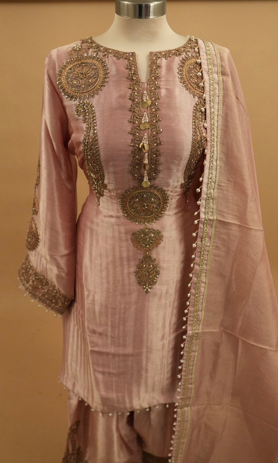 Rose Gold Color Silk Fabric A Line Farshi Salwar Suit