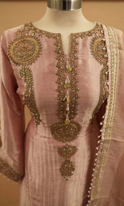 Rose Gold Color Silk Fabric A Line Farshi Salwar Suit