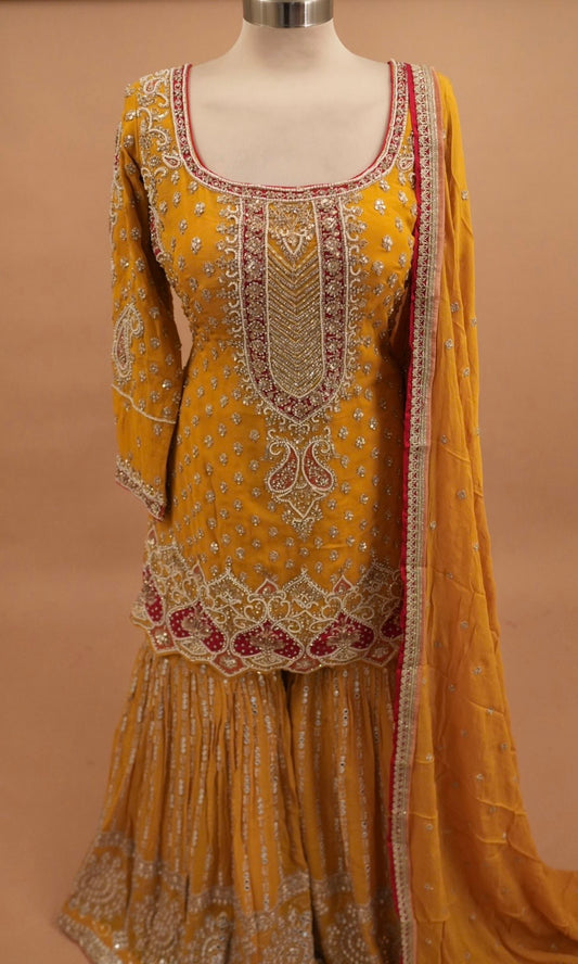 Hand Work Embroiderey Yellow Color Party Wear Sharara Suit