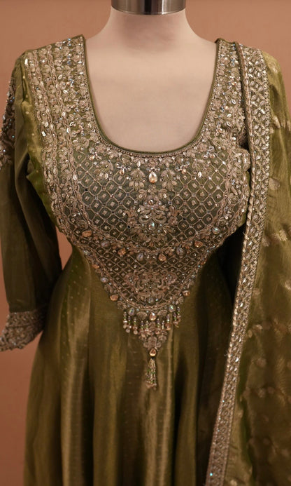 Green Color Shimmer Fabric Anarkali Palazzo Pant Suit