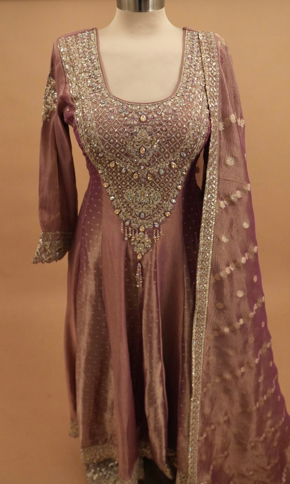 Rose Gold Color Shimmer Fabric Anarkali Palazzo Pant Suit
