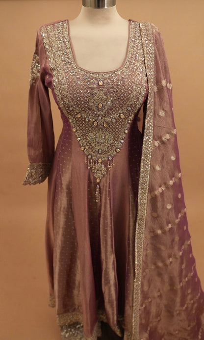 Rose Gold Color Shimmer Fabric Anarkali Palazzo Pant Suit