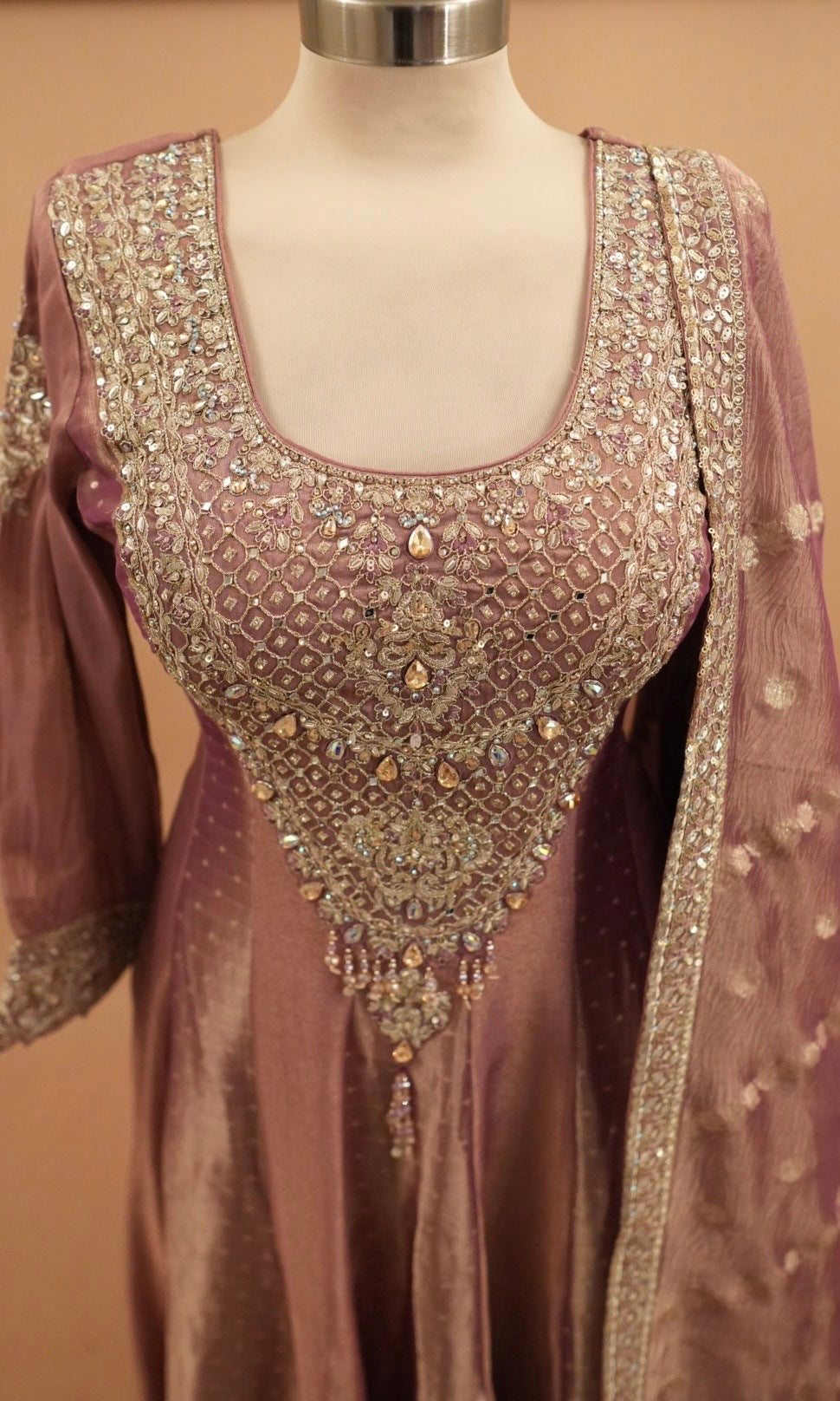 Rose Gold Color Shimmer Fabric Anarkali Palazzo Pant Suit