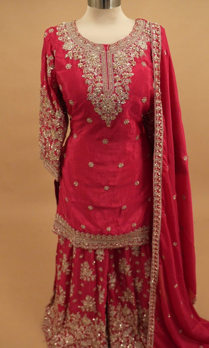 Hand Work Embroidered Chinon Fabric Pinkish Red Color Palazzo Suit