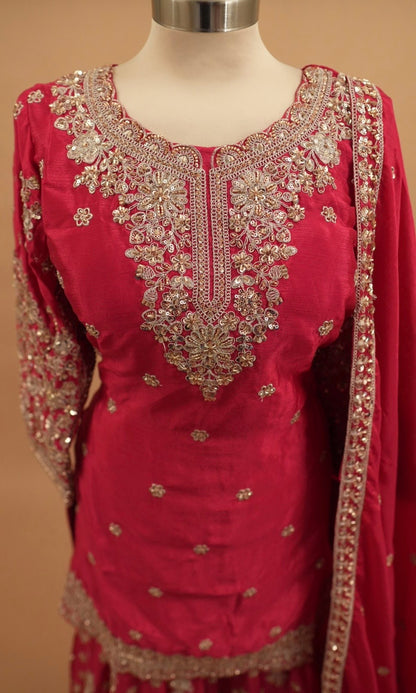 Hand Work Embroidered Chinon Fabric Pinkish Red Color Palazzo Suit