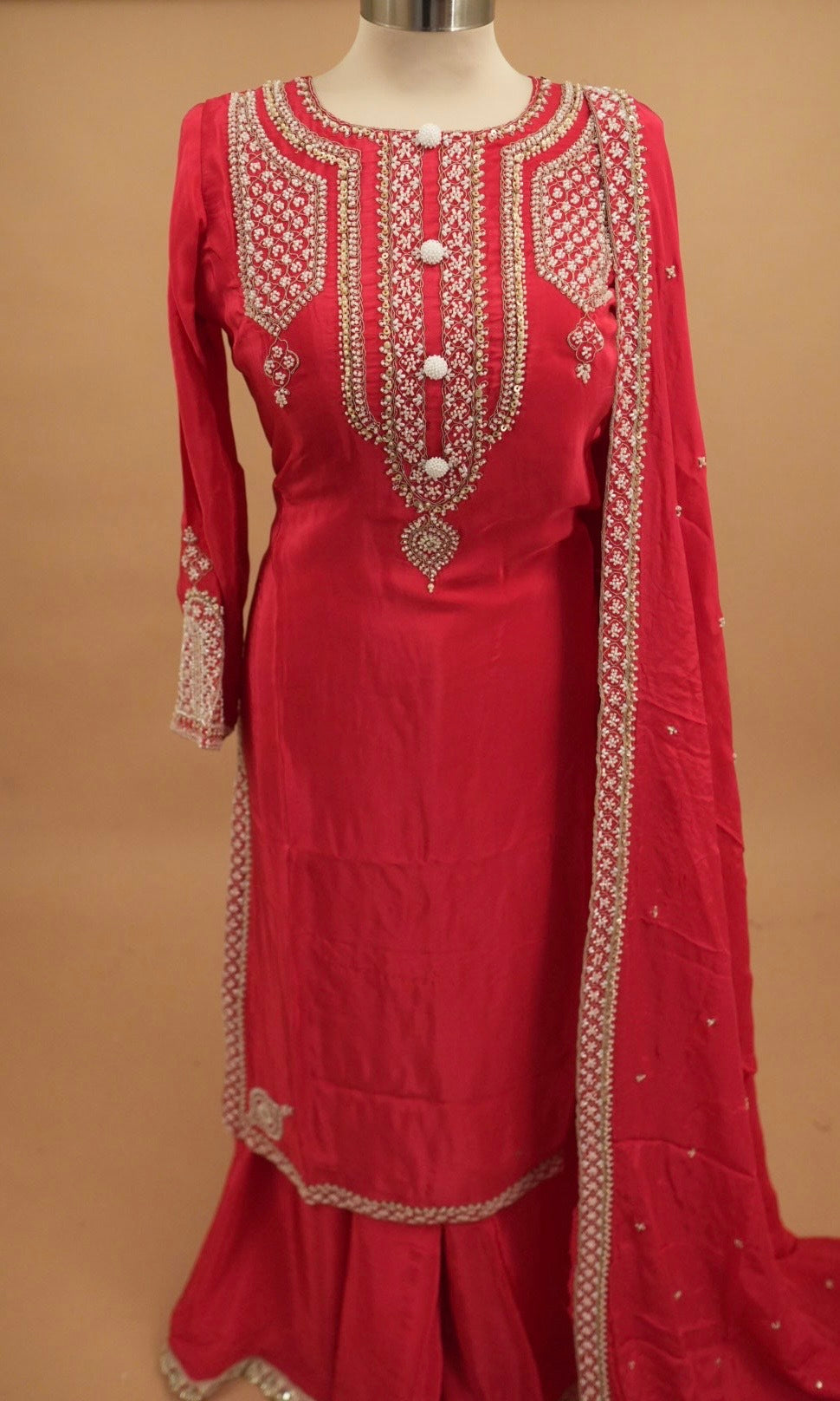 Magenta Color Pearl Work Embroiderey Palazzo Suit