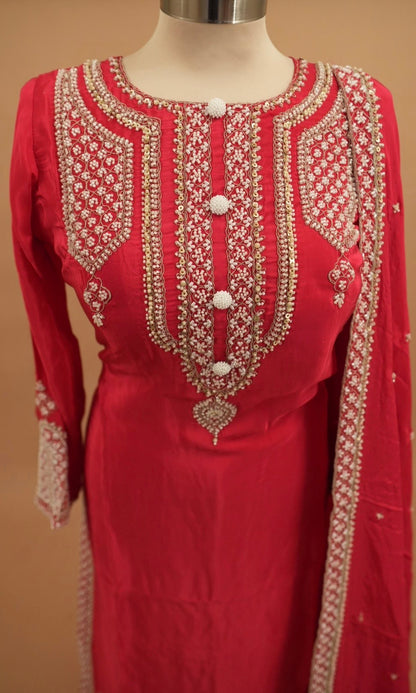 Magenta Color Pearl Work Embroiderey Palazzo Suit