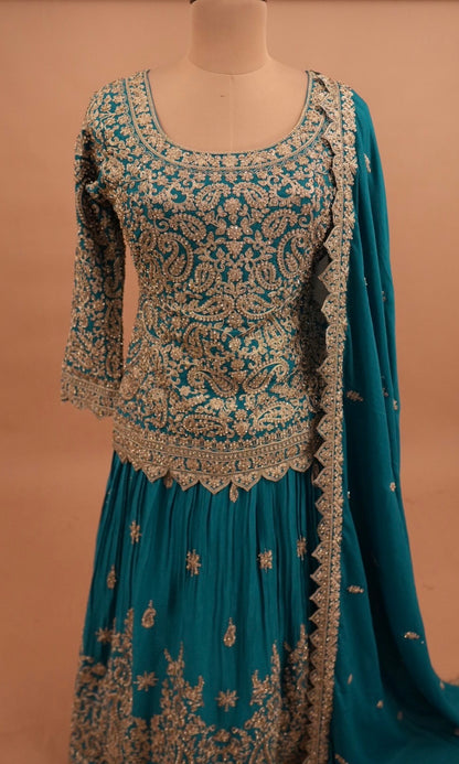 Heavy Stone Work Embroiderey Turquoise Blue Color Dress With Skirt On Bottom