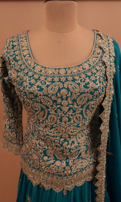 Heavy Stone Work Embroiderey Turquoise Blue Color Dress With Skirt On Bottom