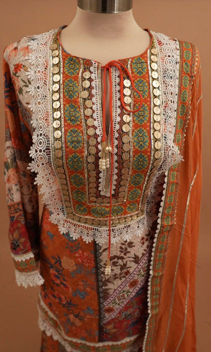 Light Weight Elegant Style Orange Multicolor Palazzo Pant Suit