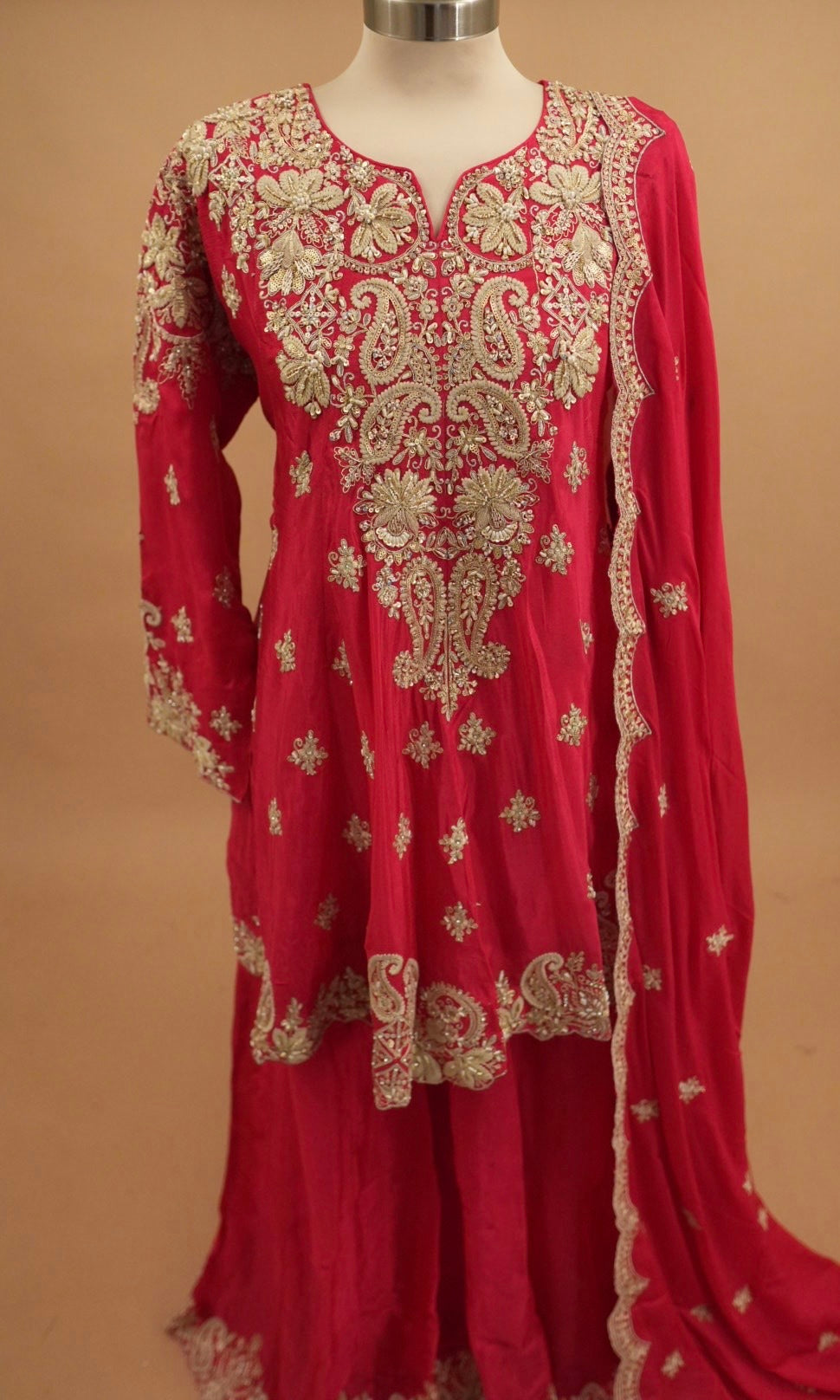 Dasheen Fabric Pinkish Red Color Frock Style Palazzo Suit