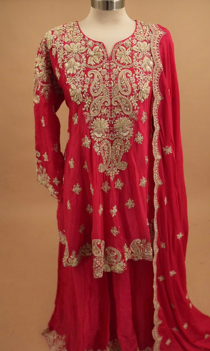 Dasheen Fabric Pinkish Red Color Frock Style Palazzo Suit