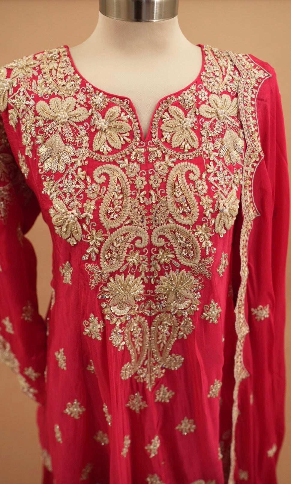 Dasheen Fabric Pinkish Red Color Frock Style Palazzo Suit