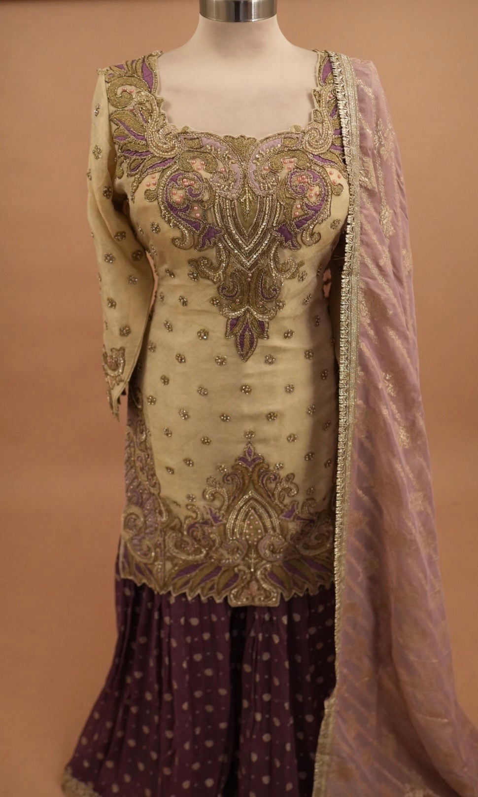 Hand Work Embroiderey Contrast Color Designer Sharara Suit