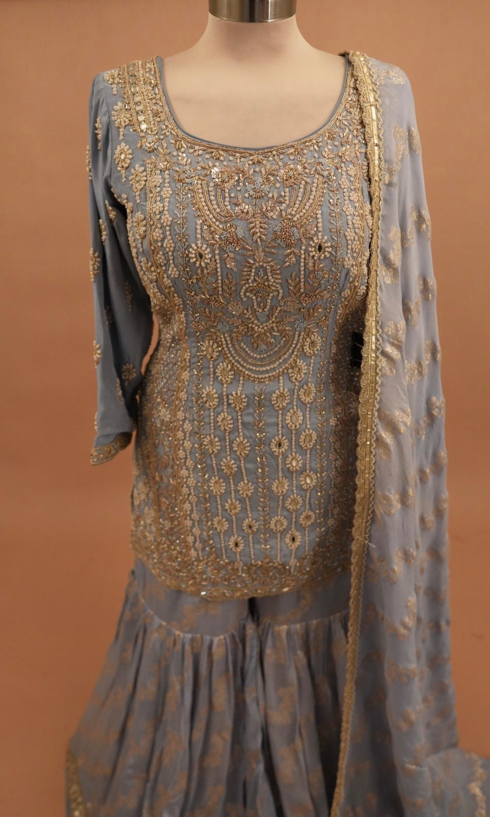 Hand Work Embroiderey Sky Blue Color Designer Sharara Suit