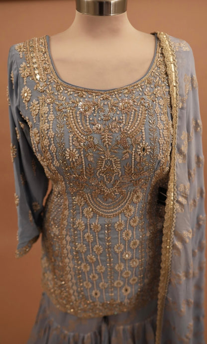 Hand Work Embroiderey Sky Blue Color Designer Sharara Suit