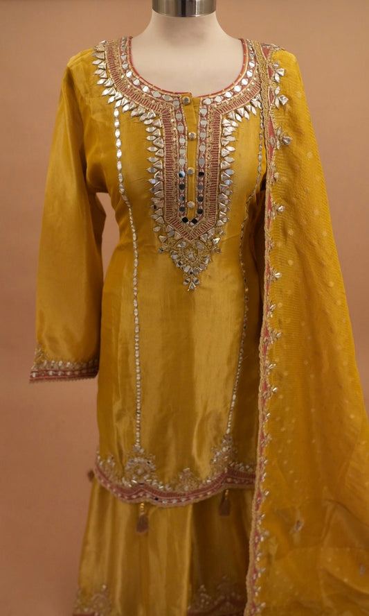 Organza Fabric Yellow Color Party Wear Palazzo Suit