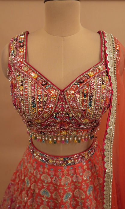 Orange Multicolor Party Wear Designer Lehenga Choli Set